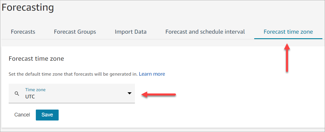 La pestaña Zona horaria de la previsión en la página Previsiones.