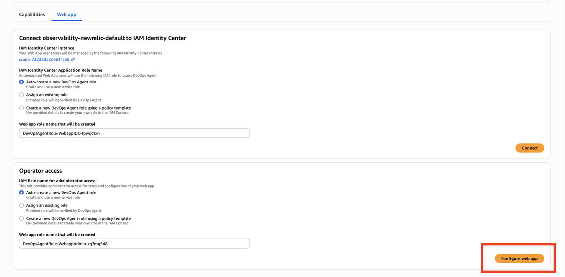Sección de acceso de operadores con Auto-create una nueva opción de rol de AWS DevOps agente seleccionada.