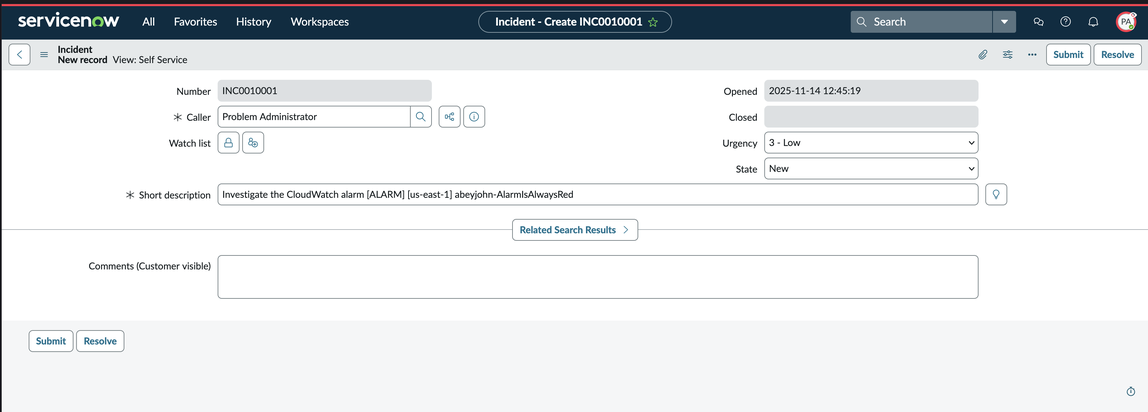 ServiceNow formulario de incidencia con el número INC0010001 con la llamada del administrador del problema.