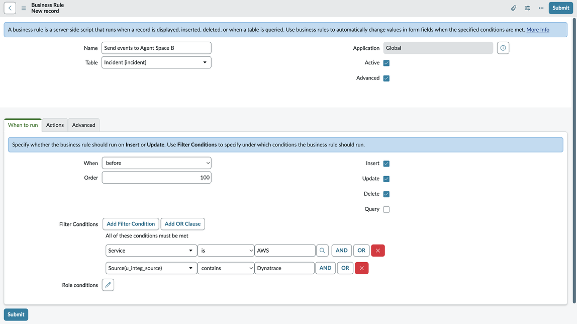 Formulario de configuración de reglas de negocio para enviar eventos a Agent Space B.
