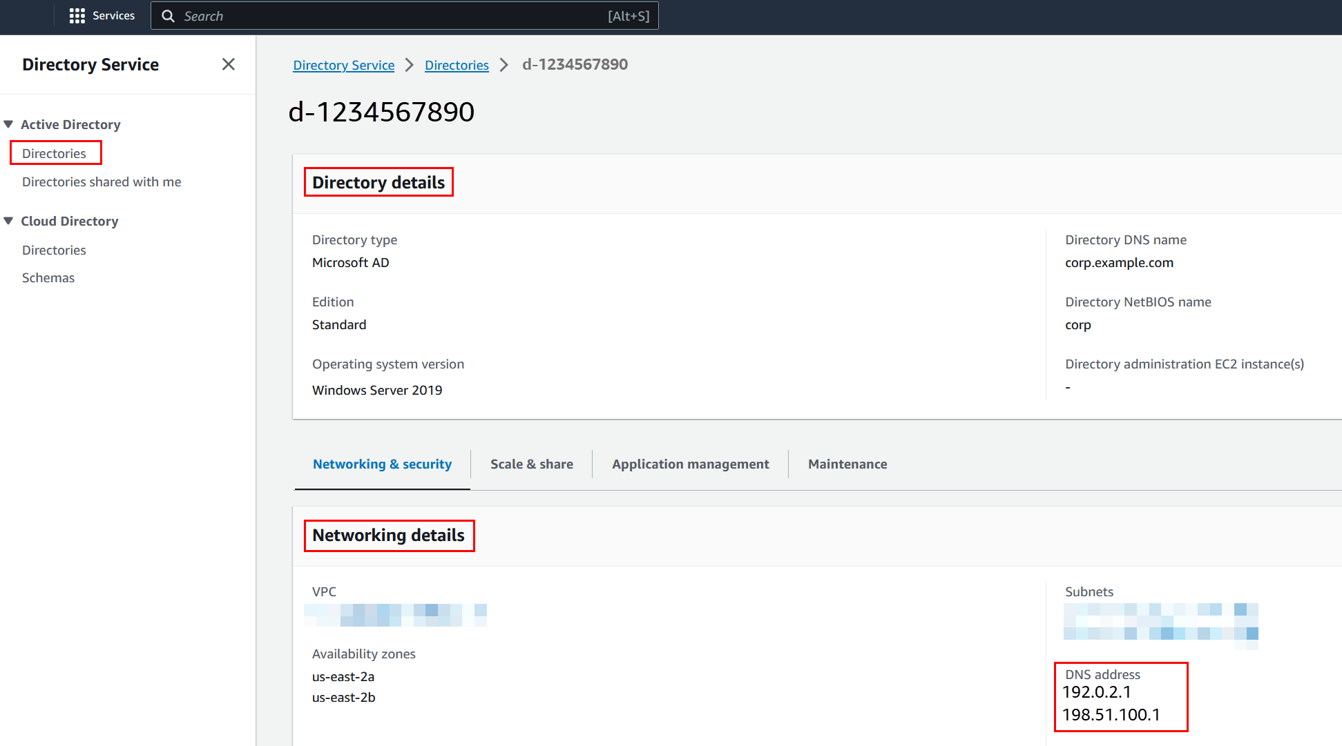 En la Directory Service consola, en la página de detalles del directorio, aparecen resaltadas las direcciones IP de los servidores DNS Directory Service proporcionados.