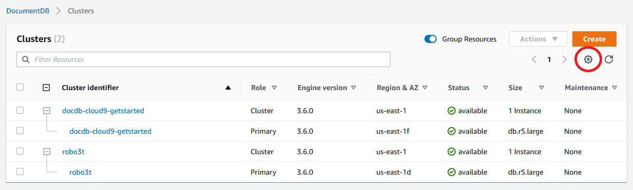 Imagen del cuadro de navegación de clústeres con el icono de configuración resaltado.