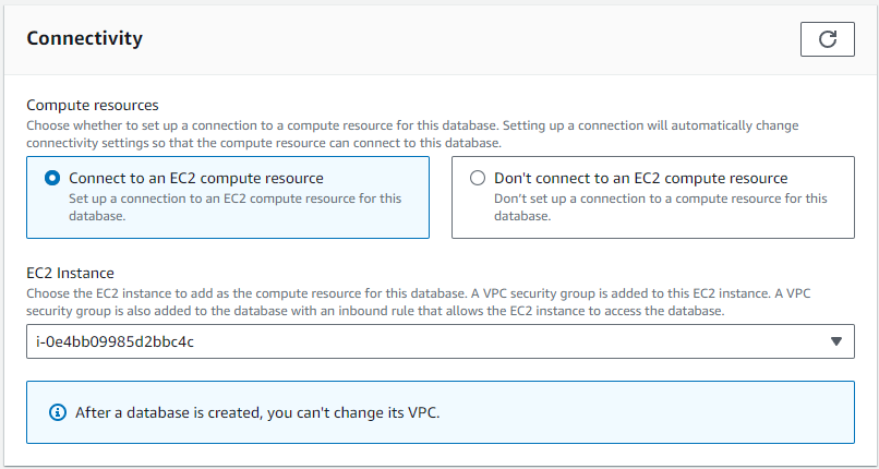 La interfaz de conectividad con la opción Conectar a un recurso de computación de EC2 seleccionada.