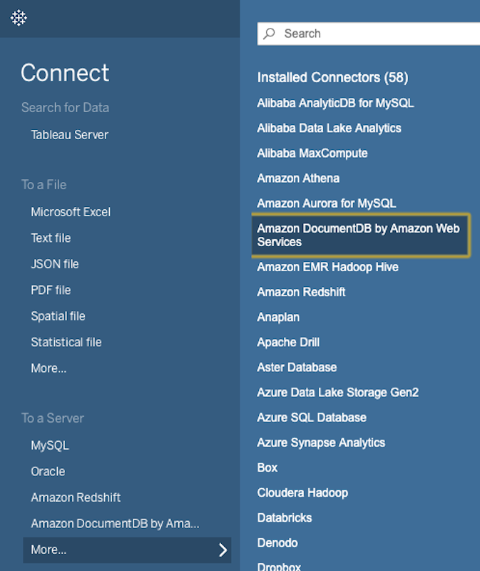 La interfaz Conexión en Tableau Desktop muestra el submenú Más… en la sección A un servidor. La opción Amazon DocumentDB aparece resaltada en el submenú Conectores instalados.
