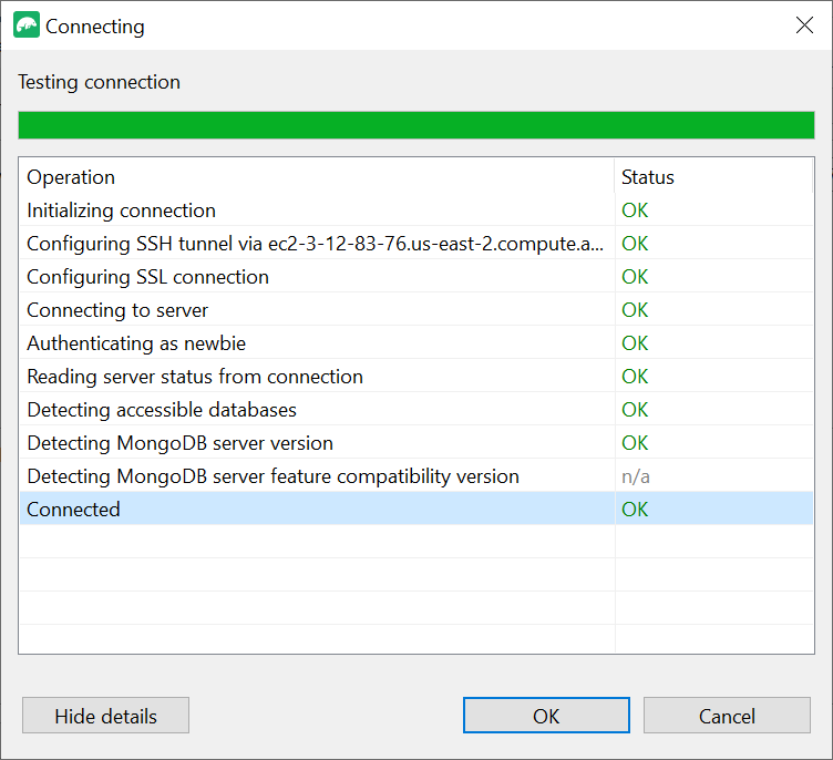 Ventana de diagnóstico que aparece después de una prueba de conexión correcta.