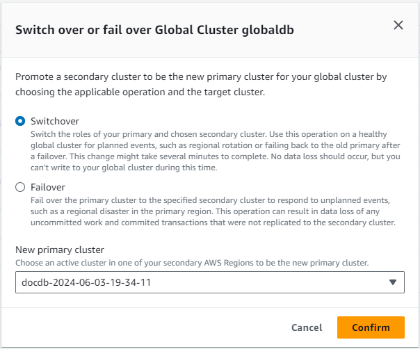 Imagen: diálogo de cambio de clúster con el clúster secundario seleccionado.