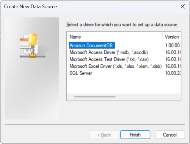 Interfaz Crear nuevo origen de datos con la opción del controlador Amazon DocumentDB seleccionada.