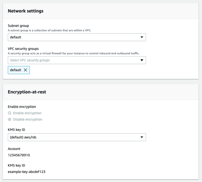 Especifique la configuración de red y cifrado para el clon del clúster de Amazon DocumentDB.