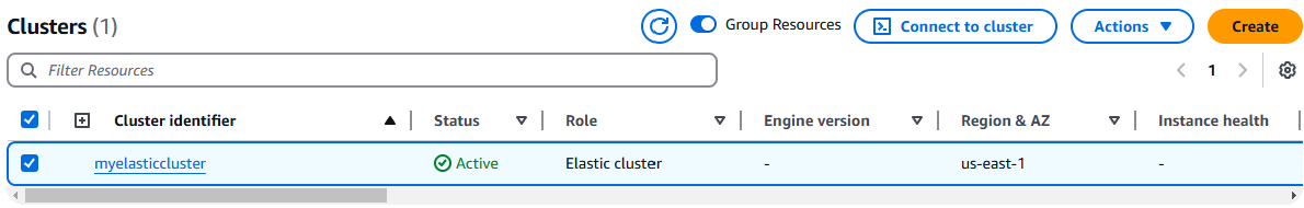 Interfaz de administración de clústeres de Amazon DocumentDB en la que se muestra un clúster elástico.