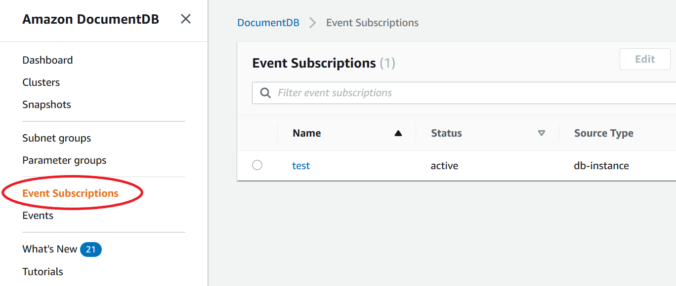 Panel de navegación de la consola Amazon DocumentDB con la opción Suscripciones a eventos resaltada.