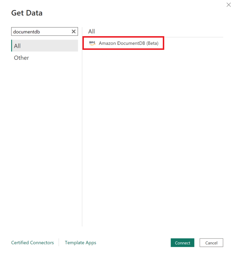 Interfaz Obtener datos con la opción Amazon DocumentDB (Beta) resaltada.