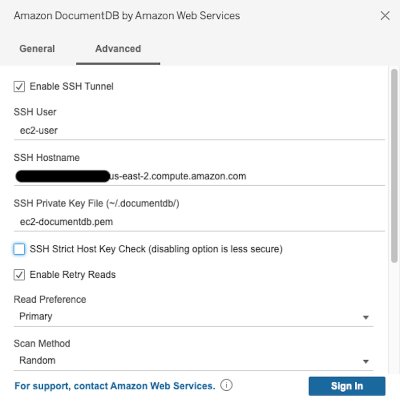 Pestaña Avanzado de la interfaz del conector de Amazon DocumentDB con la opción Verificación estricta de la clave de host de SSH desactivada.