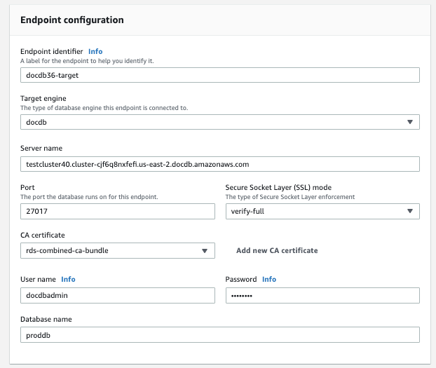 Imagen: un cuadro de diálogo de configuración del punto final para el AWS DMS destino que muestra nueve campos configurables y menús desplegables.