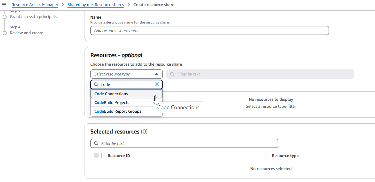 Agregue un recurso compartido seleccionándolo en la página de creación