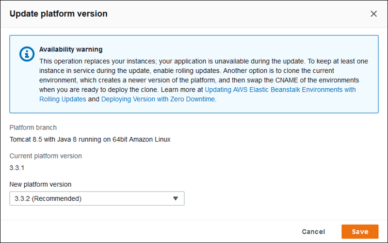 Confirmación de la versión de la plataforma de actualización de Elastic Beanstalk
