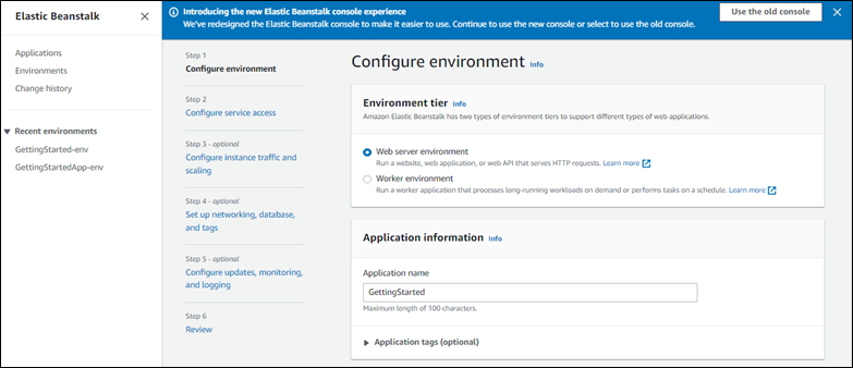 Configure el panel de entorno. Pasos enlazables en el lado izquierdo del panel. Marcado como opcional si corresponde.