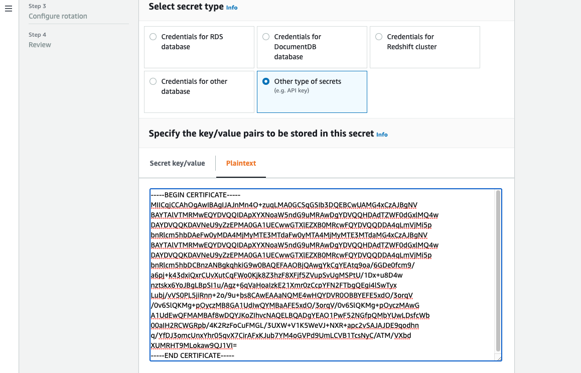 Importación de un certificado a AWS Secrets Manager.