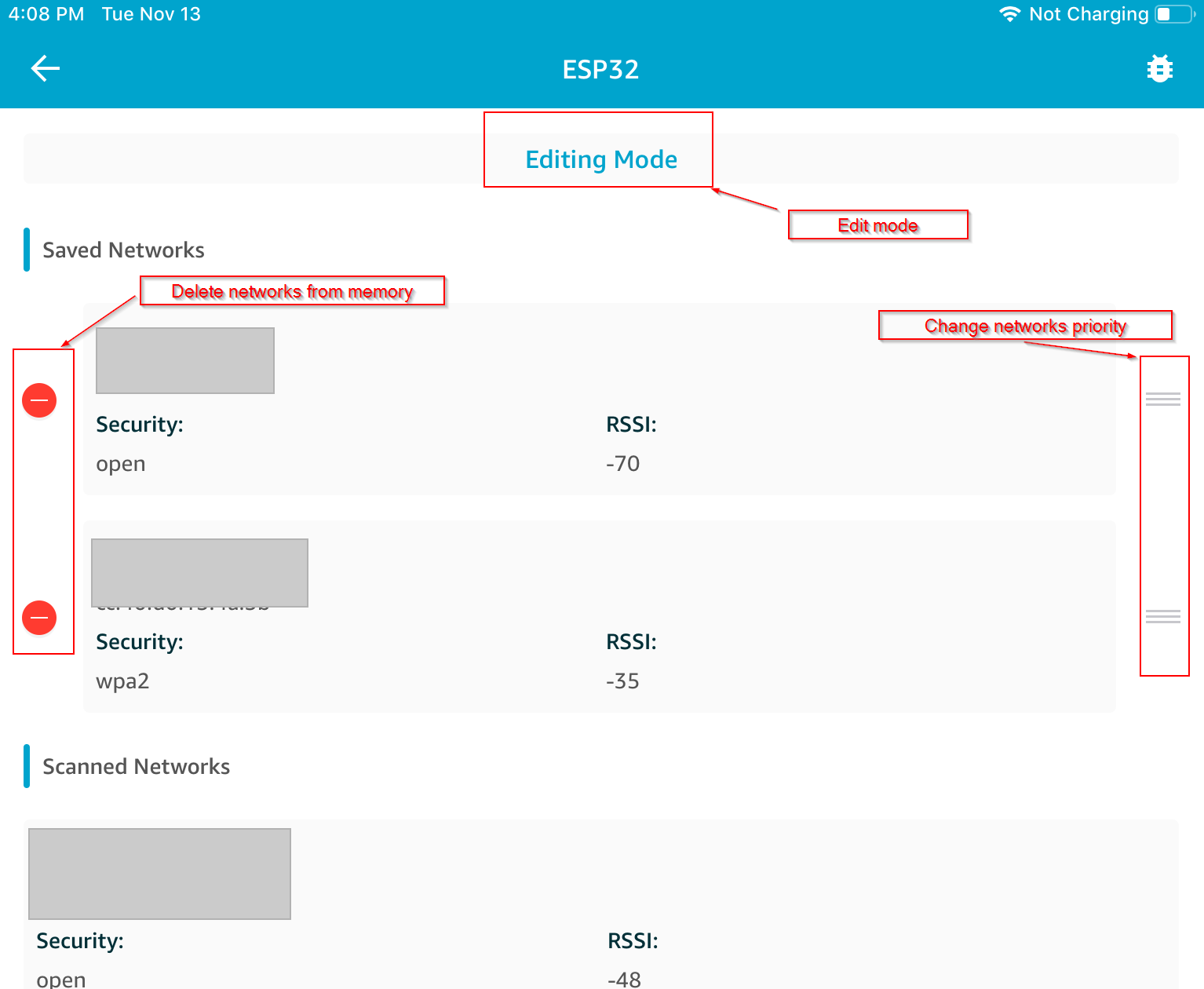 Pantalla de configuración de la red wifi que muestra las redes guardadas, las opciones de edición para eliminar o cambiar la prioridad y las redes escaneadas.