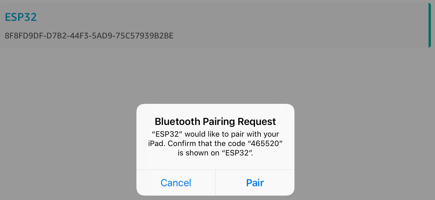 Cuadro de diálogo de solicitud de emparejamiento Bluetooth para el dispositivo «ESP32» que muestra el código «465520" para confirmar que está activado». ESP32