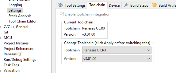 Configuración de integración de la cadena de herramientas para la versión 3.01.00 del CCRX de Renesas, con la opción de cambiar la cadena de herramientas.
