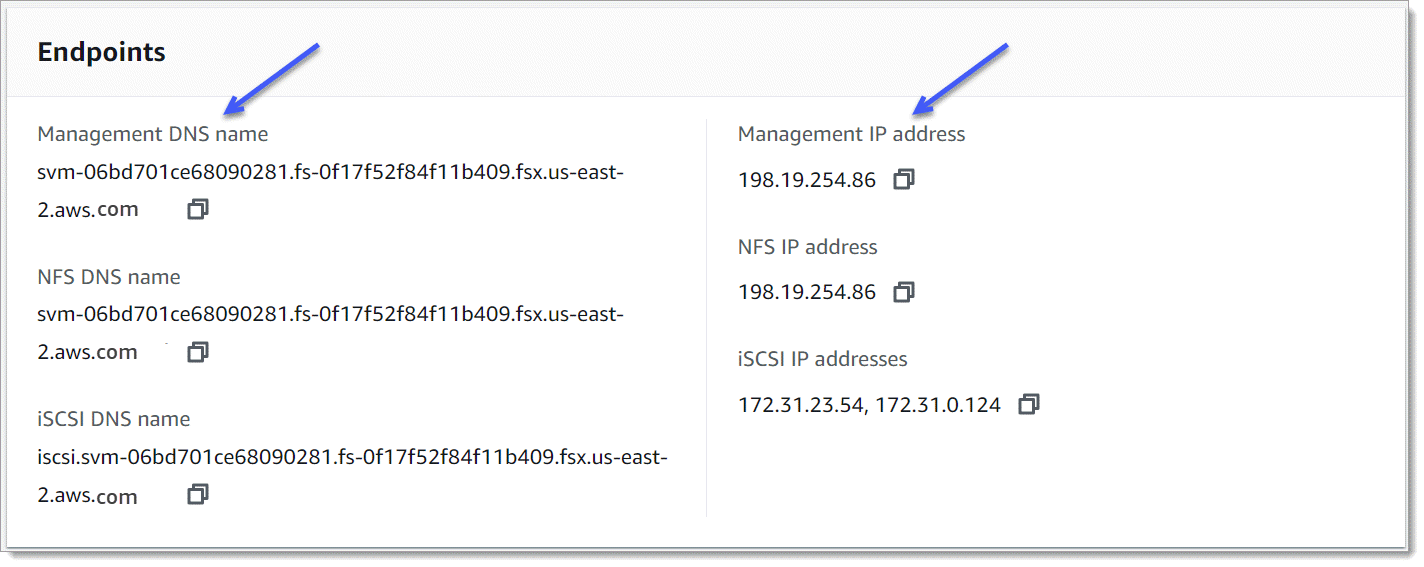 El panel de puntos de conexión de la página de detalles de las máquinas virtuales de almacenamiento con flechas que apuntan al nombre del DNS de administración y a la dirección IP de administración.