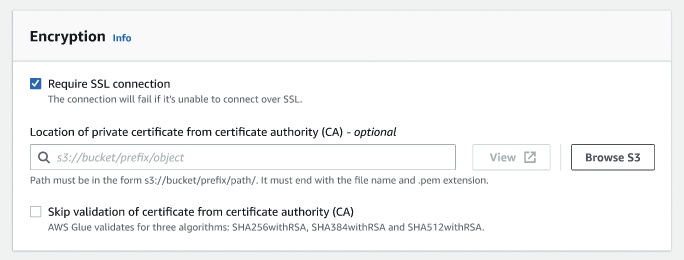 La captura de pantalla muestra las opciones para configurar el cifrado, incluida la necesidad o no de una conexión SSL, la opción de seleccionar la ubicación del certificado privado de la entidad de certificación (CA) y la opción de omitir la validación del certificado de la entidad de certificación (CA).