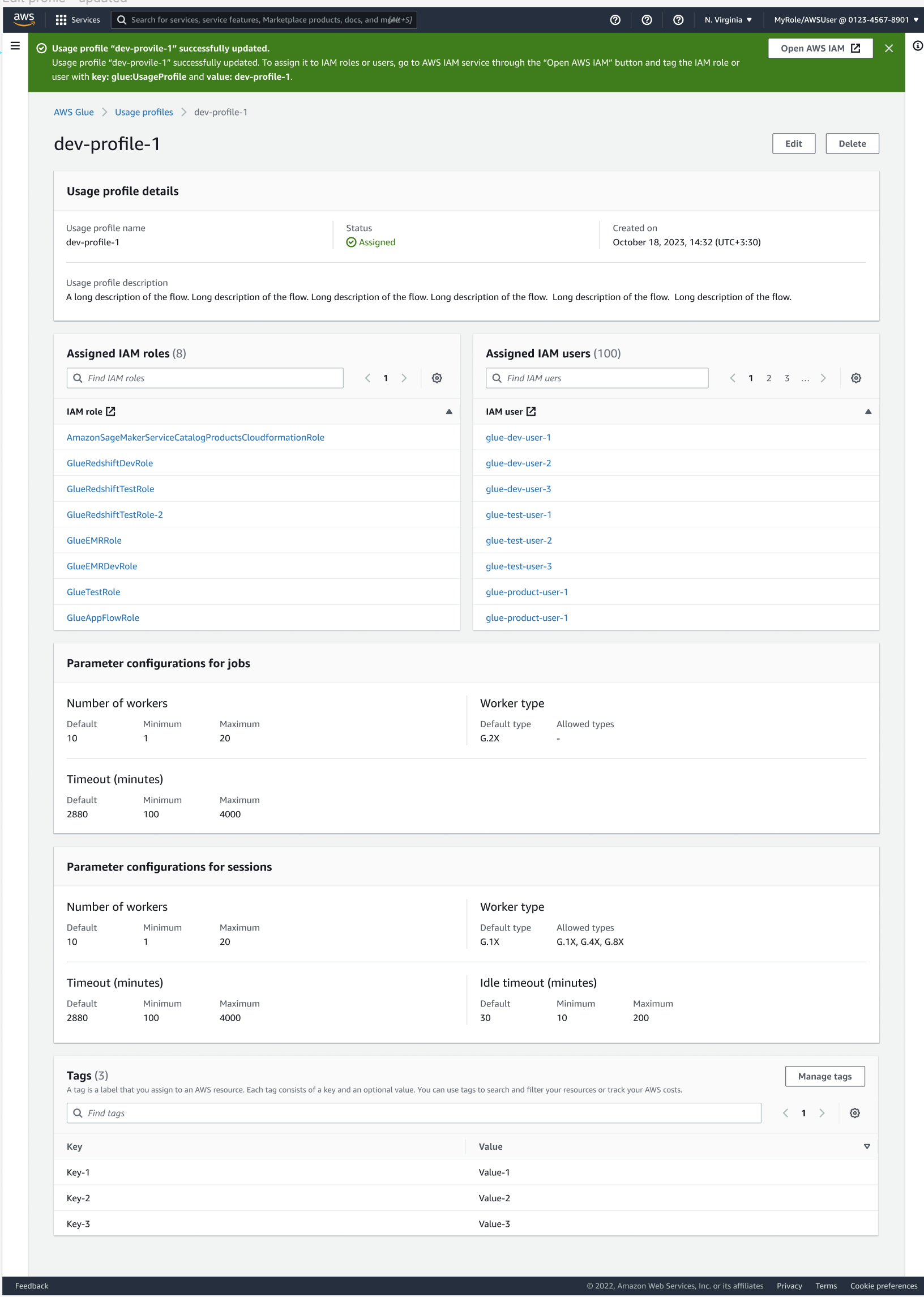 Un ejemplo de un usuario que ve su perfil de uso asignado en AWS Glue.