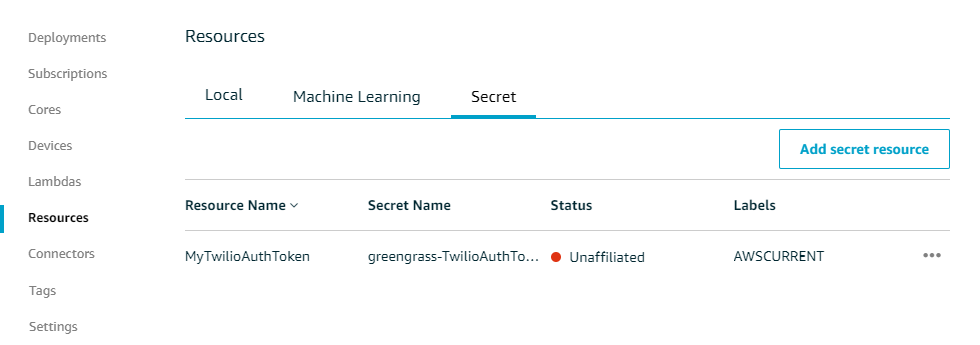 Un recurso de secretos en la pestaña Secretos de la página Recursos.