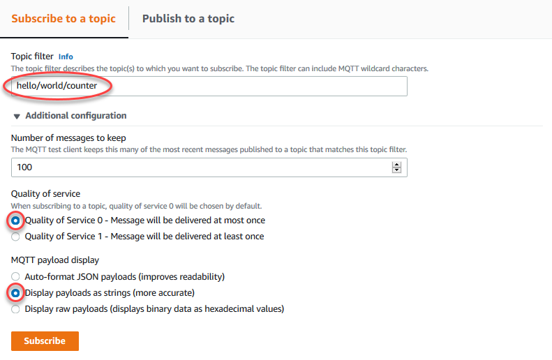 Captura de pantalla de la página de prueba Subscriptions (Suscripciones).