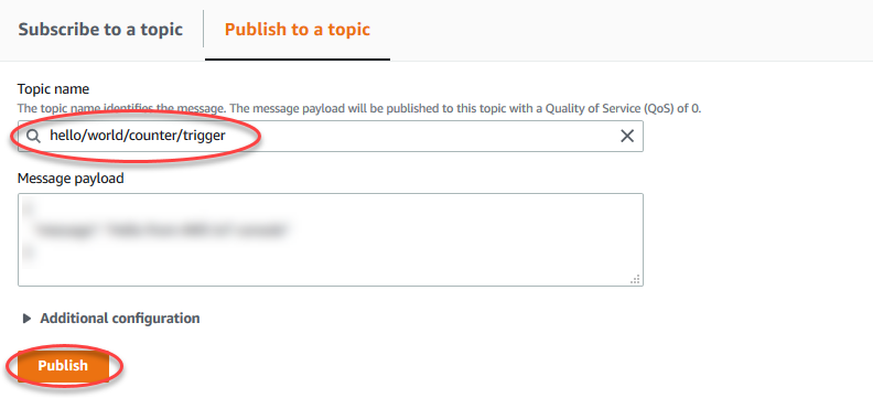 El mensaje de saludo predeterminado desde AWS IoT la consola se envía a hello/world/counter/trigger con el botón Publicar en el tema resaltado.