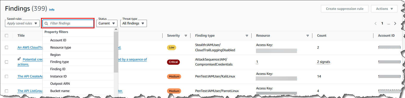 Seleccionar filtros de propiedades para filtrar los resultados en la GuardDuty consola.