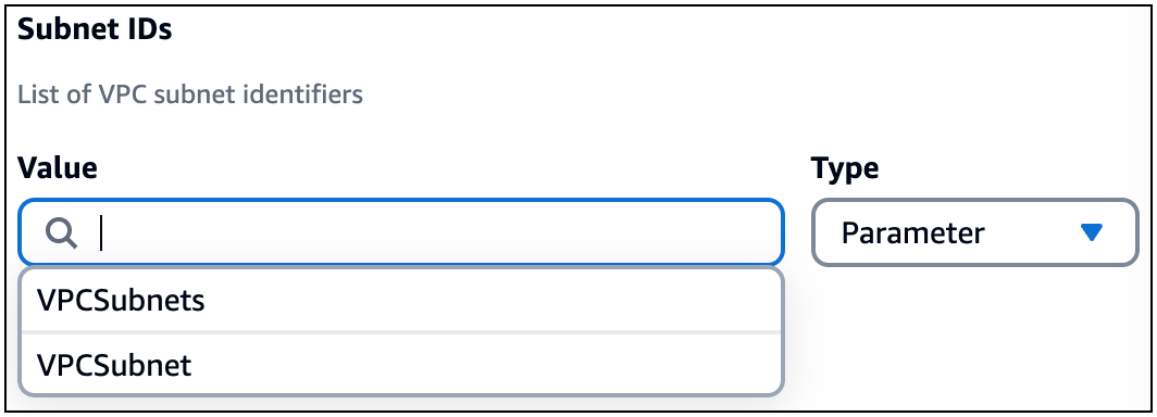 Lista desplegable de valores que se ofrecen para el tipo de parámetro del campo ID de subred de una tarjeta de función Lambda.