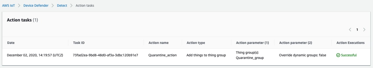 Tabla de tareas de detección de acciones de AWS IoT Device Defender que muestra una acción en cuarentena para añadir objetos al grupo de objetos quarantine_group