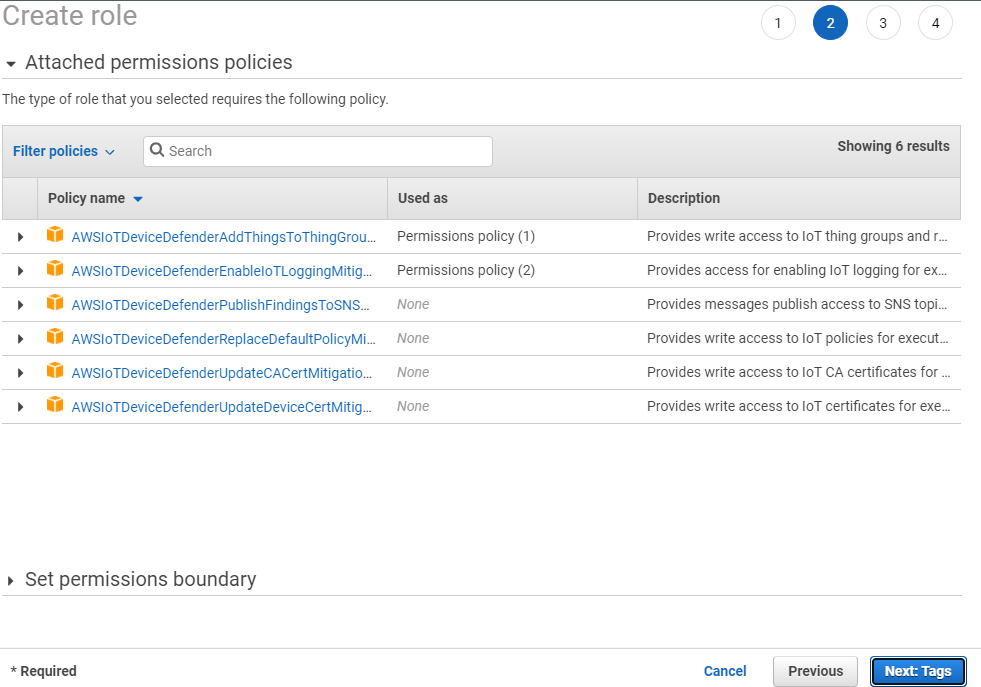 Tabla de políticas de permisos para un rol de AWS IoT Device Defender con nombres de políticas, descripciones sobre el acceso que proporciona cada política y opciones para filtrar o buscar políticas