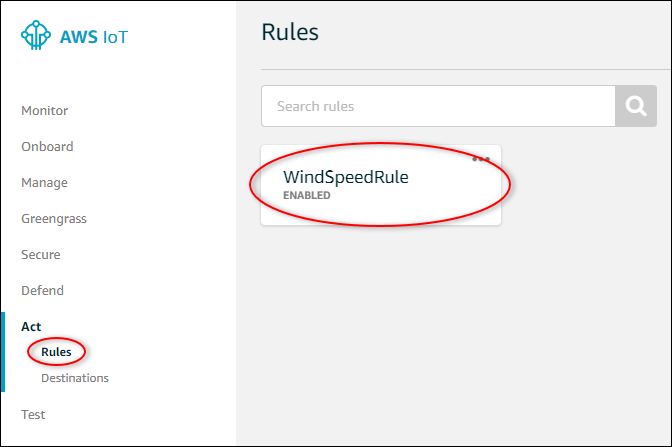 AWS IoT Captura de pantalla de la página «Reglas» básicas.