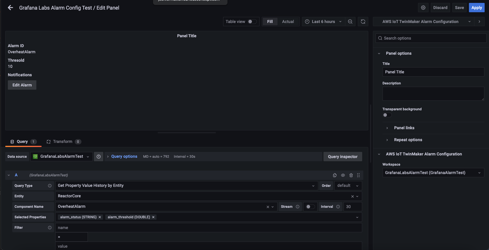 El panel de prueba/edición de Alarm Config de Grafana Labs con una configuración completa completada.