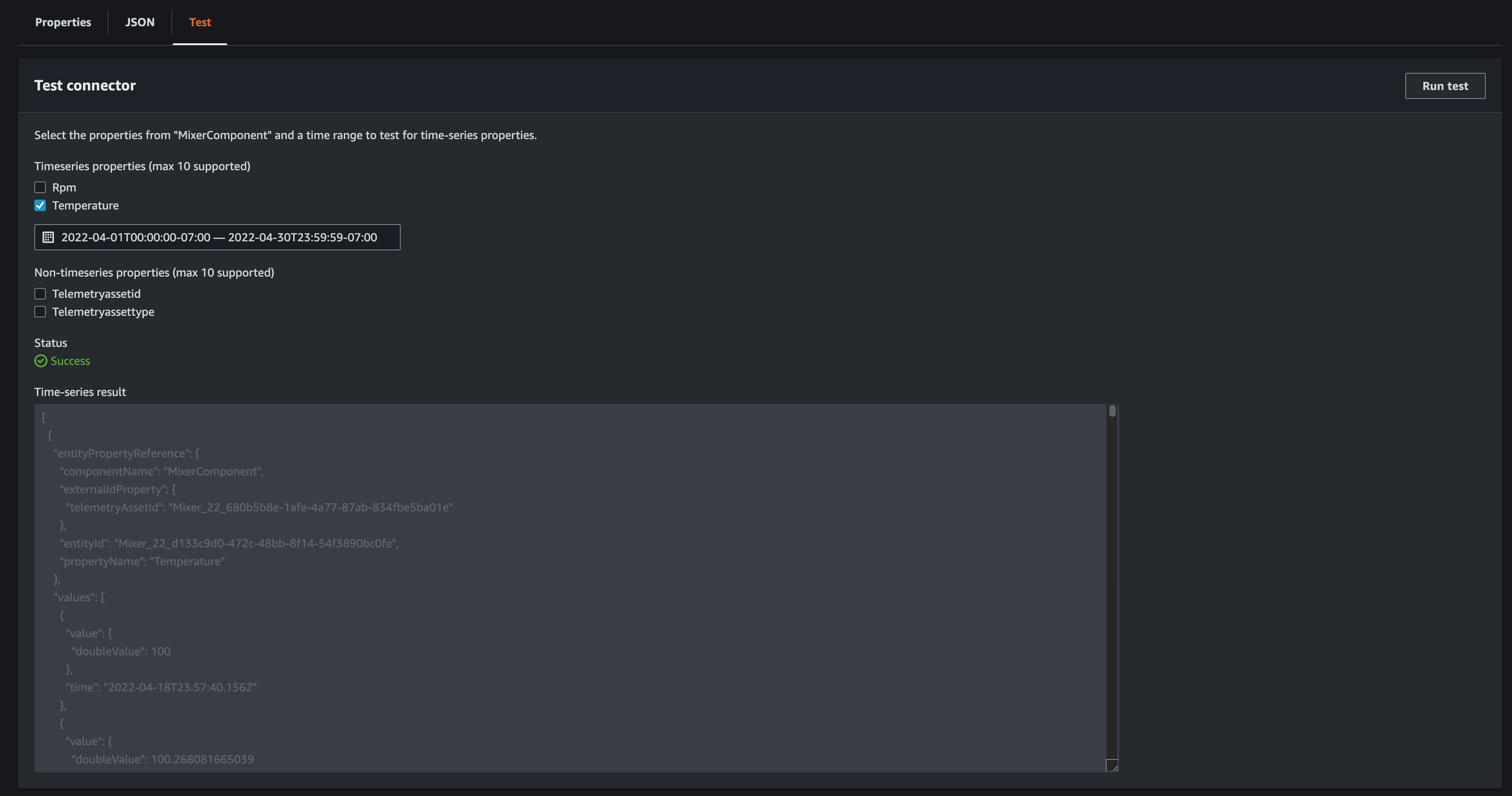 Parte de la página de una consola de información sobre TwinMaker componentes que muestra la prueba de un componente.