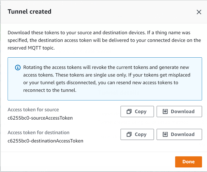 Un cuadro de diálogo que muestra los tokens de acceso de origen y destino para crear una conexión de túnel segura, con instrucciones sobre cómo rotar y reenviar los tokens si es necesario.