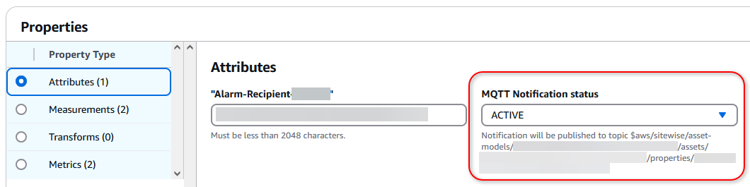 Captura de pantalla que muestra la ubicación del menú desplegable de estado de las notificaciones de MQTT en la consola. AWS IoT SiteWise