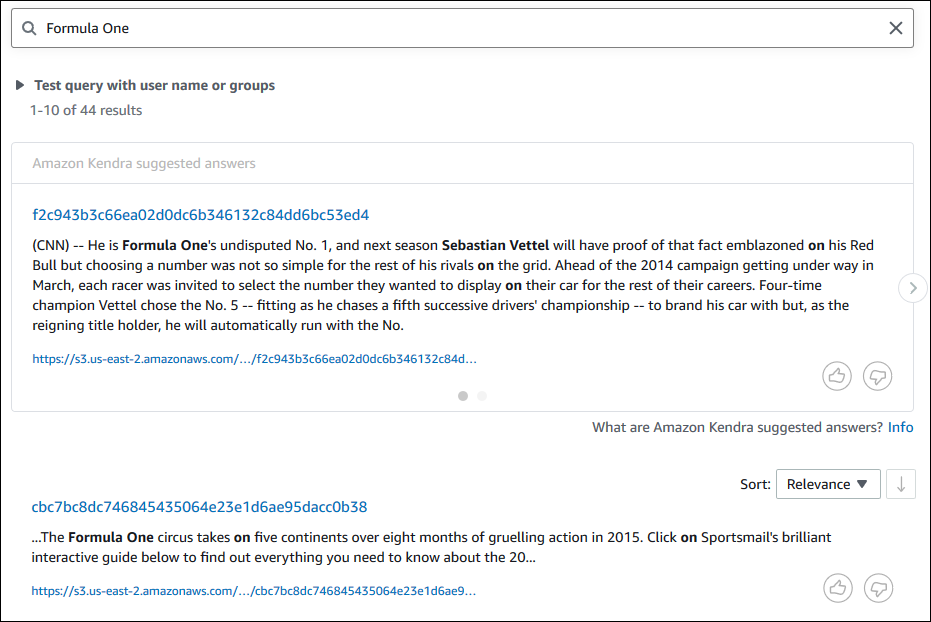 Search results for "Formula One" showing Amazon Kendra suggested answers with article snippets.