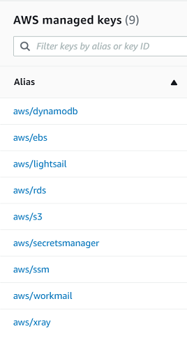 Alias de la página Claves administradas por AWS de la consola de AWS KMS .