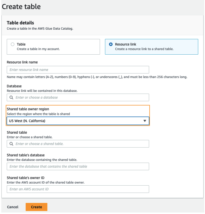 Create table interface showing options for resource link creation and shared table details.