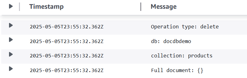 Flujo de registro de CloudWatch para la eliminación de registros de base de datos