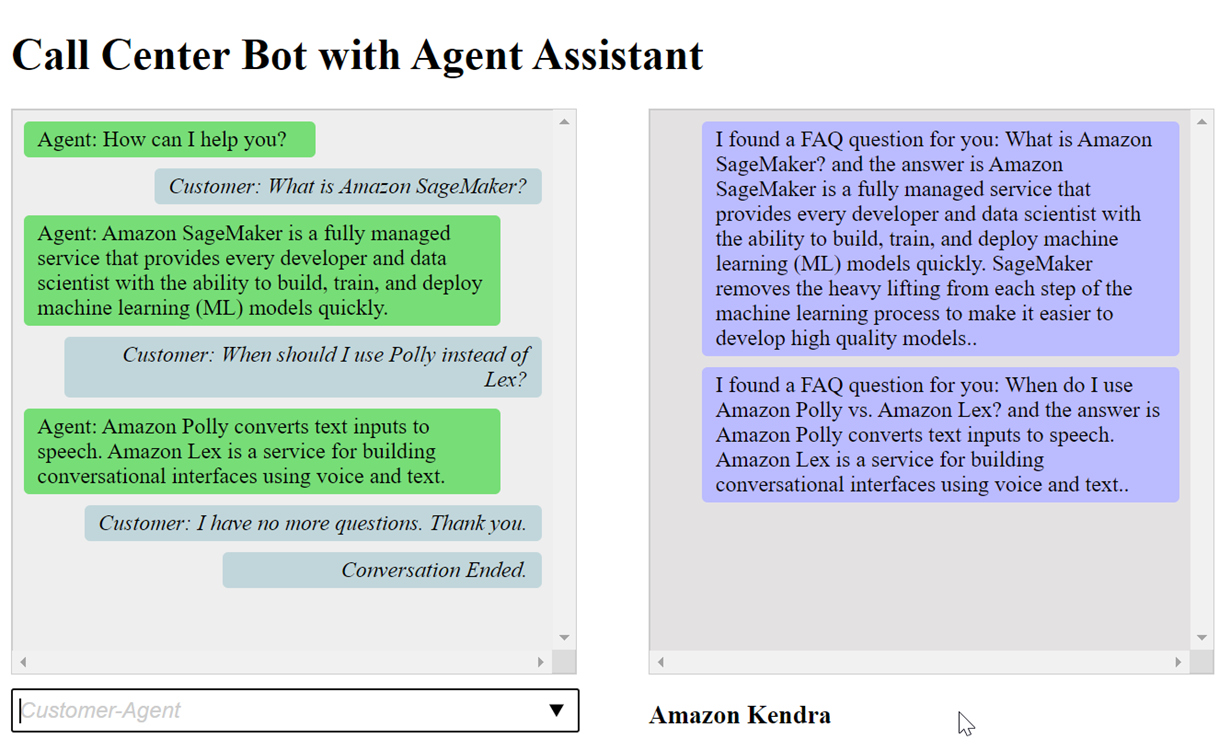 Dos ejemplos de conversaciones con un bot para centros de llamadas. En la primera, el cliente pregunta qué es Amazon SageMaker AI y cuándo usar Amazon Polly en lugar de Amazon Lex. En la segunda imagen, Amazon Kendra encuentra las respuestas a ambas preguntas entre las preguntas frecuentes.
