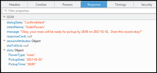 Un mensaje con datos JSON que pide una confirmación para encargar flores.