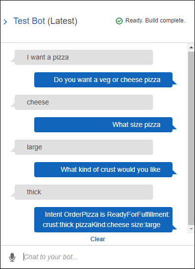 Conversación para pedir una pizza al bot de pizza.