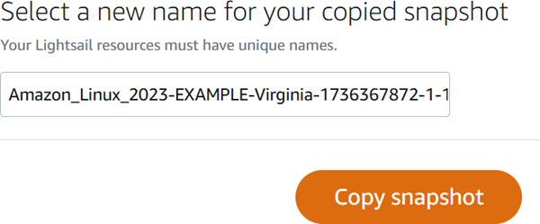 Copie la instantánea en la consola de Amazon Lightsail.