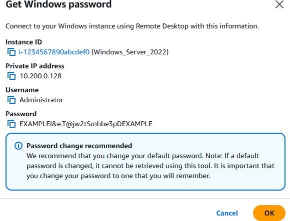Contraseña de administrador predeterminada de Windows descifrada en la consola de Amazon EC2.