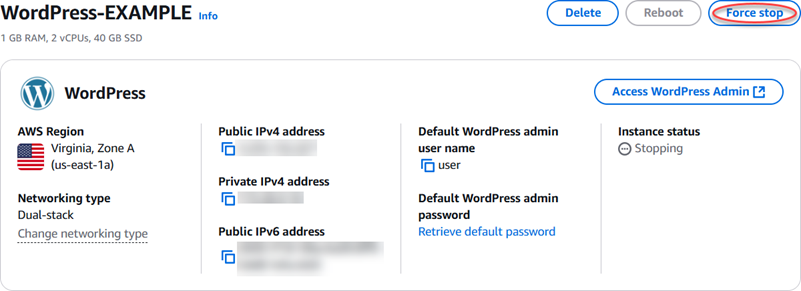 La página de administración de instancias de Lightsail fuerza el botón de parada.