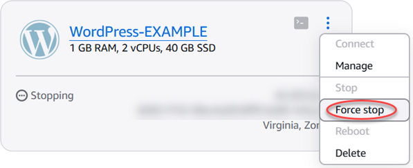 El menú de acciones de la instancia de Lightsail fuerza la opción de parada.